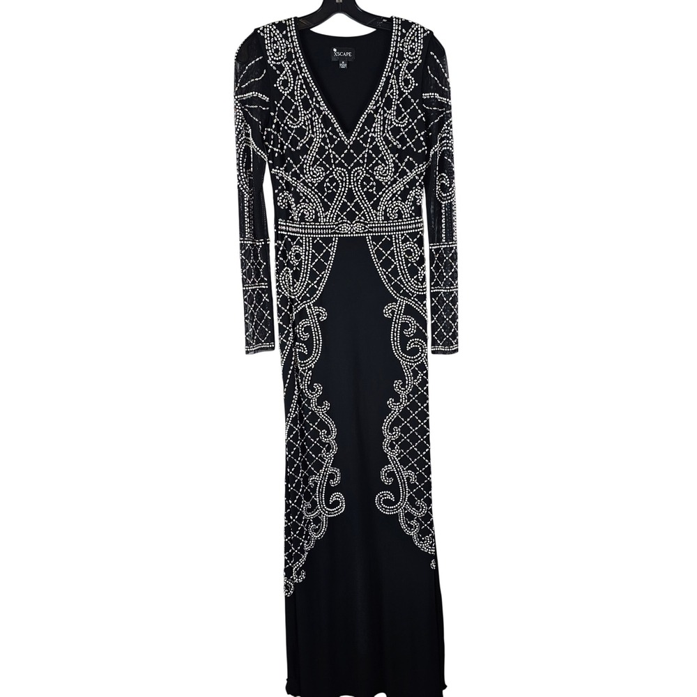 Xscape Womens Black Beaded Rhinestone VNeck Mesh Long Sleeve Gown Dress XS9563 8